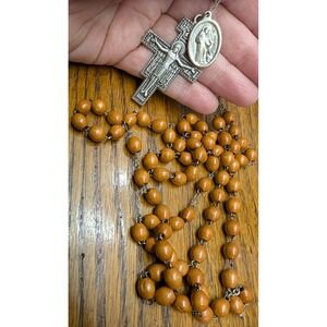 Vtg Italy St Francis Medal Rosary Brown San Damiano Crucifix Cross Wood Beads